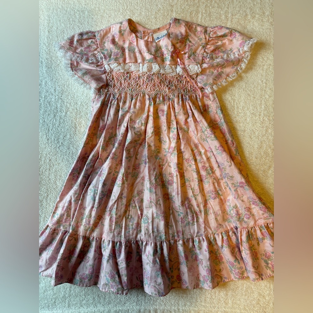 Vintage Princess Anne Pink Floral Smock Dress, Sz 6/6x. Cherubs Design